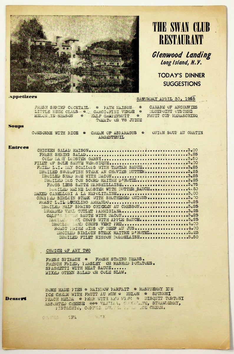 Swan club hot sale dinner menu