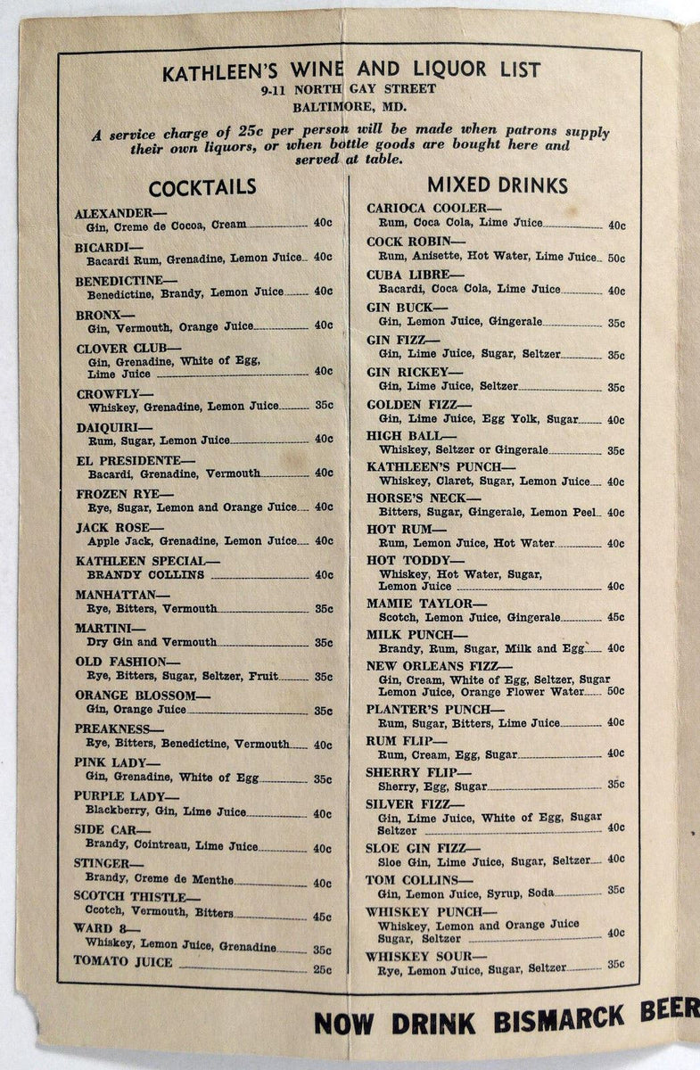 1940's Vintage Wine List Cocktails Food Menu KATHLEEN'S MIAMI CLUB Bal –  Vintage Menu Mania