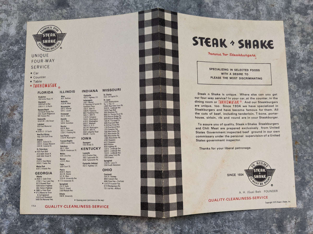 1975 Steak n Shake Vintage Menu Steakburger Chili Three Ways