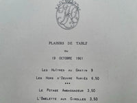 1961 PLAZA ATHENEE Restaurant Menu Paris France