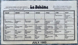 1983 July LA BOHEME Restaurant Nightly Calendar Of Dinners Carmel California