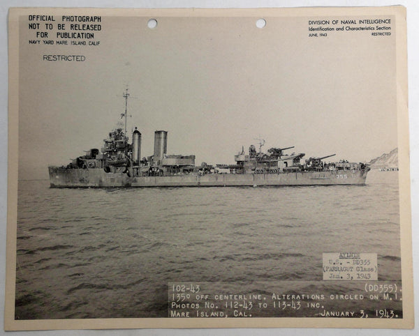 1943 AYLWIN DD-355 Naval Intelligence RESTRICTED PHOTO Navy Destroyer