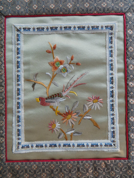 Vintage Chinese Silk Hand Embroidery Flowers Bird Decorative Border