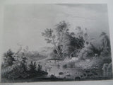Antique 1860 LANDSCAPE IN LEBANON Steel Engraving Print River Forest Trees Tent