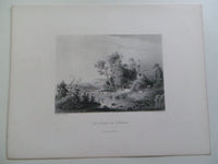 Antique 1860 LANDSCAPE IN LEBANON Steel Engraving Print River Forest Trees Tent