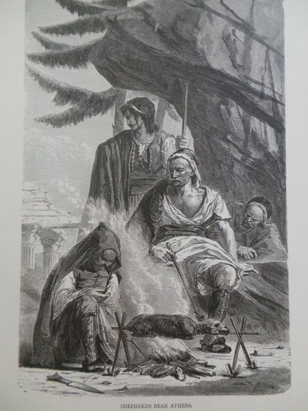 1860 SHEPHERDS NEAR ATHENS Greek Greece Large Wood Engraving Print Men Camp