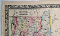 1862 Antique Mitchell's Huge Hand Tinted Colored Map New Hampshire & Vermont