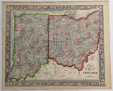 1864 Mitchell's Huge Hand Tinted Colored County Map Of Ohio And Indiana