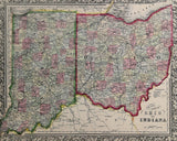 1864 Mitchell's Huge Hand Tinted Colored County Map Of Ohio And Indiana