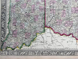 1864 Mitchell's Huge Hand Tinted Colored County Map Of Ohio And Indiana