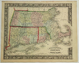 1862 Mitchell's Huge Hand Tinted County Map MASSACHUSETTS CONN. RHODE ISLAND