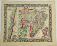 1860 Mitchell's Huge Hand Tinted Map BRAZIL Bolivia PARAGUAY Uruguay & CHILI