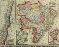1860 Mitchell's Huge Hand Tinted Map BRAZIL Bolivia PARAGUAY Uruguay & CHILI