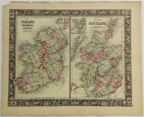 1860 Mitchell's Huge Hand Tinted Map SCOTLAND & IRELAND Counties Provinces