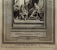 c1790 9x15 BIBLE LEAF Copper Plate Engraving DAVID Play HARP SAUL 1 Samuel 16.23