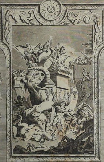 c1790 9x15 BIBLE LEAF Copper Plate Engraving Eleazar Antiochus Elephant Attack