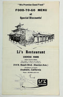 Original Vintage Food To Go Menu LI'S RESTAURANT Anaheim California
