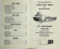 Original Vintage Food To Go Menu LI'S RESTAURANT Anaheim California