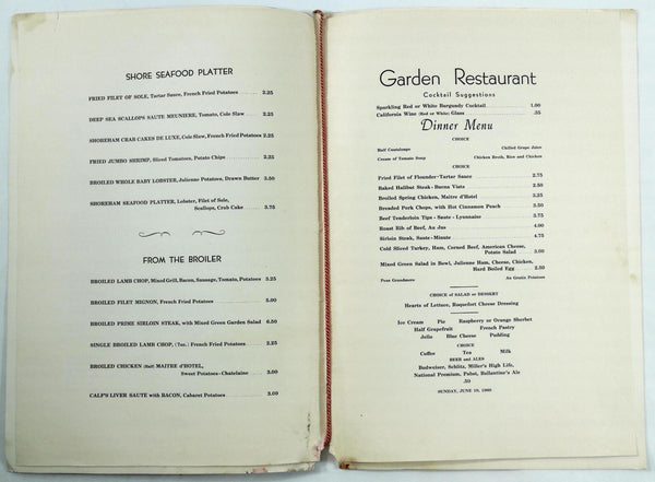1960 Vintage Dinner Menu THE SHOREHAM HOTEL Garden Restaurant Washingt ...