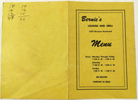 Original Vintage Menu BERNIE'S LOUNGE & GRILL Miami Florida