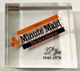 Vintage MINUTE MAID LUCITE BLOCK Paperweight 25 Year Anniversary 1945-1970