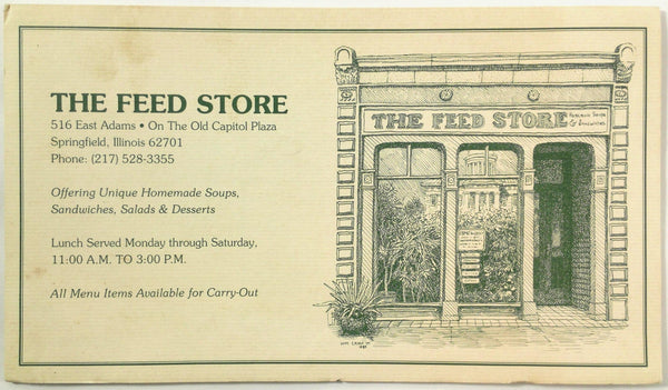 Vintage Original Menu THE FEED STORE RESTAURANT Springfield IL Capitol Plaza