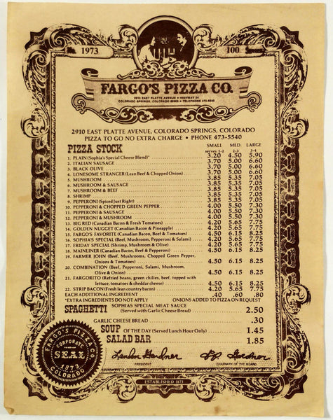 Vintage PIZZA STOCK Menu FARGO'S PIZZA COMPANY Colorado Springs Established 1873