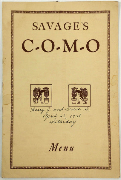 1938 Vintage Food Cocktails Menu SAVAGE'S COMO CLUB Buffalo NY