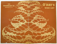 1930's Vintage WINE LIST Menu O'DAY'S GRILLE RESTAURANT Franklin St. Buffalo NY