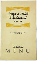 1930's Vintage Menu NIAGARA HOTEL & RESTAURANT Fort Lake Erie Ontario Canada