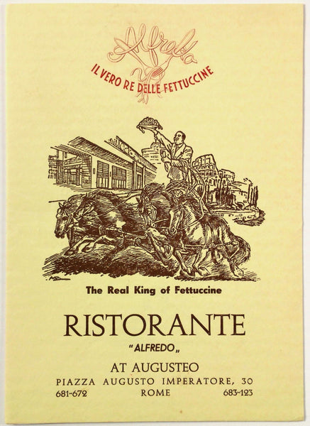 Old Vintage Menu RISTORANTE ALFREDO Restaurant Rome Italy Fettuccine
