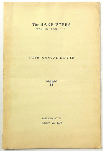 1930 Dinner Menu THE BARRISTERS Attorney Lawyer Willard Hotel Washington DC