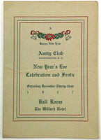 1927 Menu AMITY CLUB NEW YEARS EVE CELEBRATION & FROLIC Willard Hotel DC