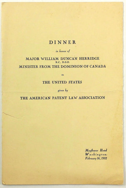 1932 Menu Minister WILLIAM DUNCAN HERRIDGE Canada Mayflower Hotel Washington DC