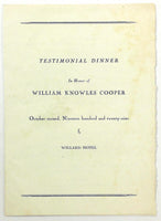 1927 YMCA Testimonial Dinner Menu WILLIAM KNOWLES COOPER Willard Hotel DC