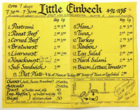 1980's Vintage Menu LITTLE EINBECK Restaurant San Clemente CA Shorecliff Market