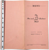 1960's Vintage Menu HEN & CHICKENS HOTEL Restaurant Sheffield United Kingdom