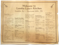 1960s Original Vintage Menu LORETTA LYNN'S KITCHEN Hurricane Mills TN Dude Ranch
