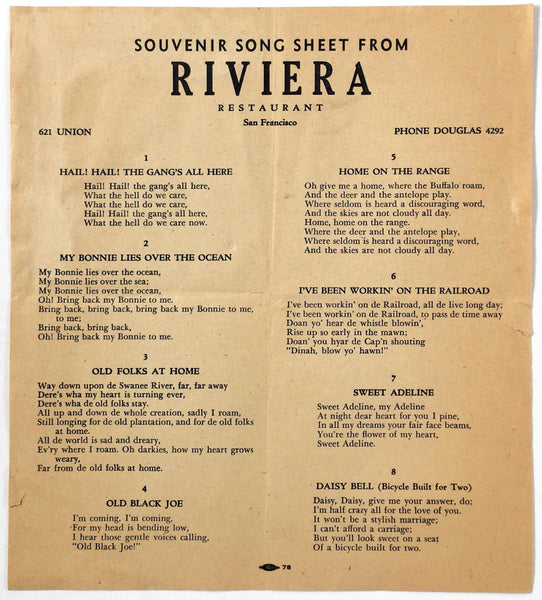 1940's Vintage SONG SHEET From RIVIERA RESTAURANT San Francisco California