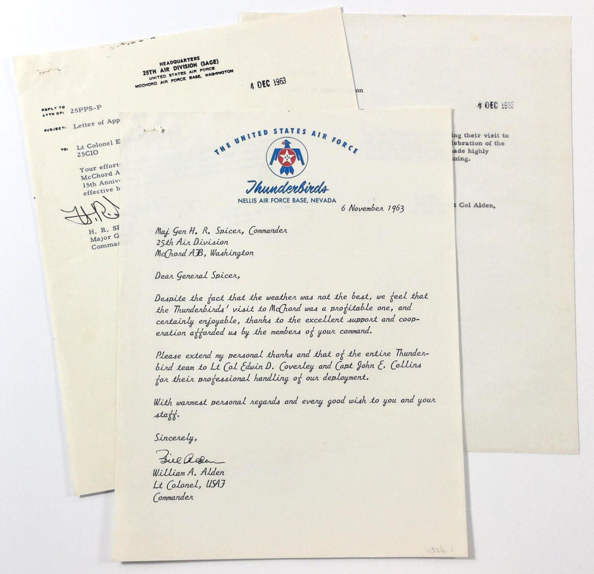 1963 USAF THUNDERBIRDS Signed Letters BILL ALDEN Nellis AFB Mcchord AF ...