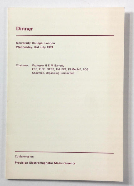 1974 UNIVERSITY COLLEGE LONDON Dinner Menu Precision Electromagnetic Measurement