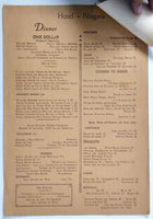 1940 Vintage Dinner Menu Card HOTEL NIAGARA Niagara Falls New York