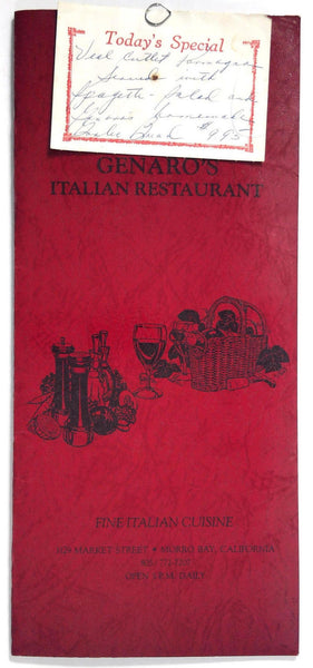 1980's Vintage Menu & Wine List GENARO'S ITALIAN RESTAURANT Morro Bay California