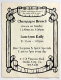 1980's Original Vintage Menu THE GALLERY INN Restaurant Pub Studio City CA
