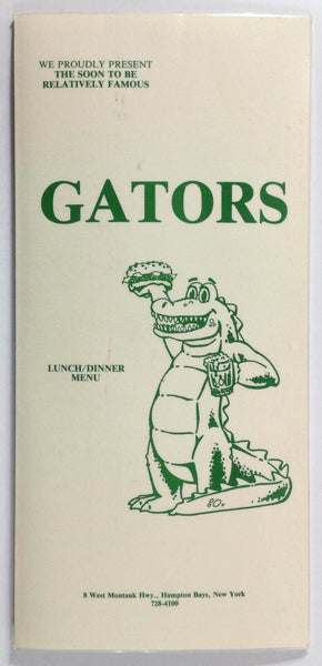 1980's Original Vintage Menu & Wine List GATORS Restaurant Hampton Bays NY