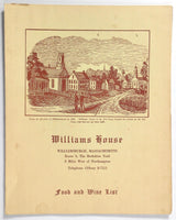 1960's Vintage Menu w/ Wine List WILLIAMS HOUSE Restaurant Williamsburgh MA