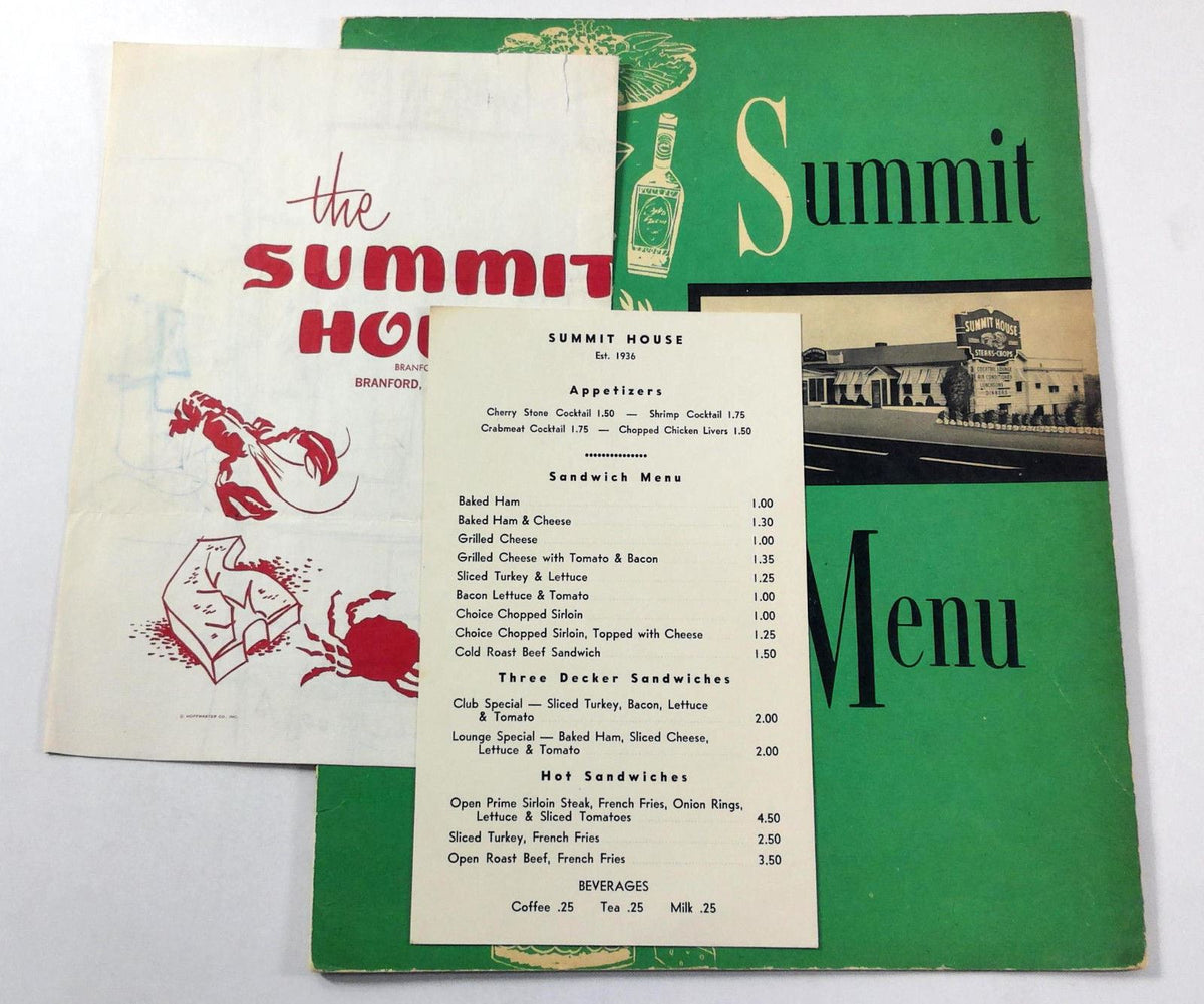 1960's Vintage Menu THE SUMMIT HOUSE Restaurant Branford Hills Connect ...
