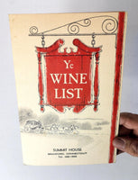 1960's Vintage WINE LIST Menu THE SUMMIT HOUSE Restaurant Branford Hills CT