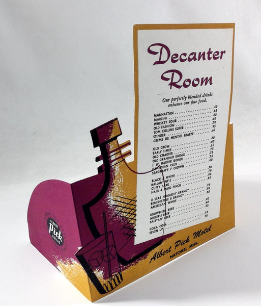 1960's Vtg Table Card COCTAILS Menu ALBERT PICK MOTEL Decanter Room Natchez MS
