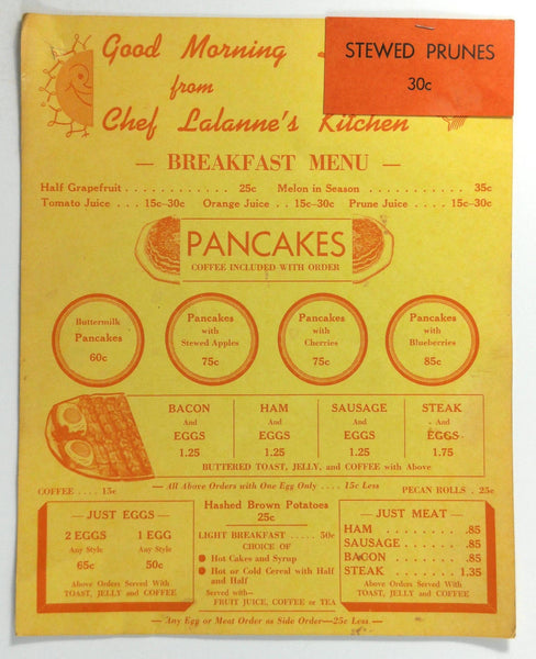 1960's Vintage BREAKFAST Menu CHEF LALANNE'S KITCHEN North Platte Nebraska